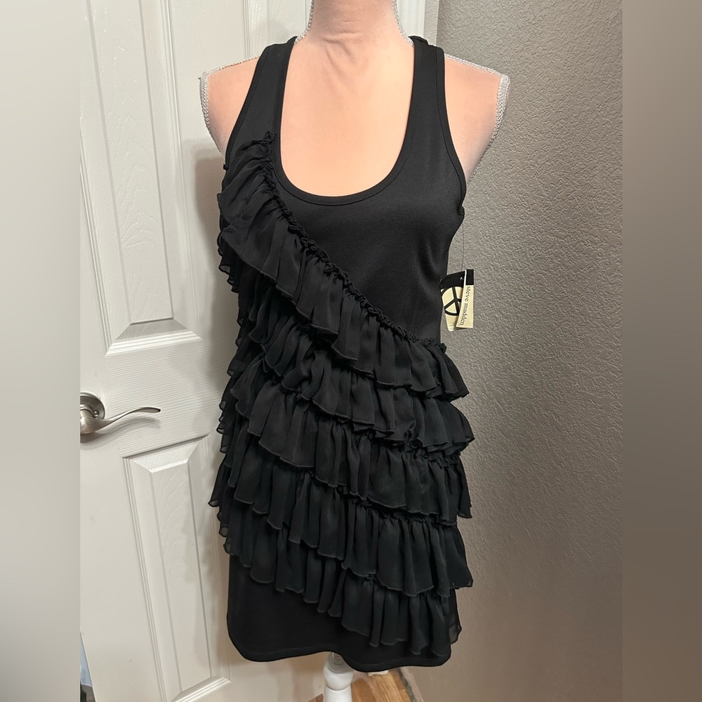 Steve Madden Black Chiffon Tier Ruffle Bodycon Stretch Racerback Tank Dress